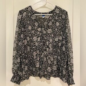 Old Navy Monochrome Sheer Smocked Floral Blouse, size XL